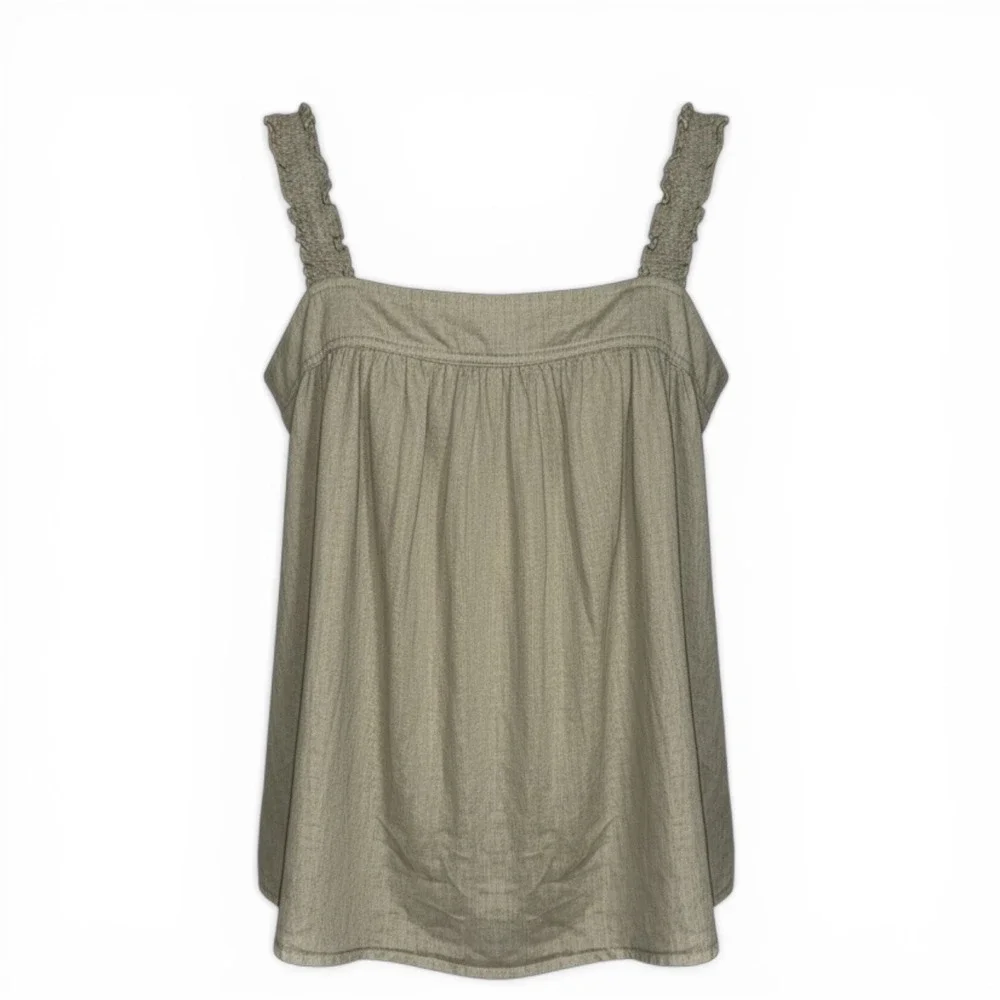 Cynthia Rowley 100% Linen Tank Top Olive Green Ruffle Strap Button Back Medium - Picture 5 of 10
